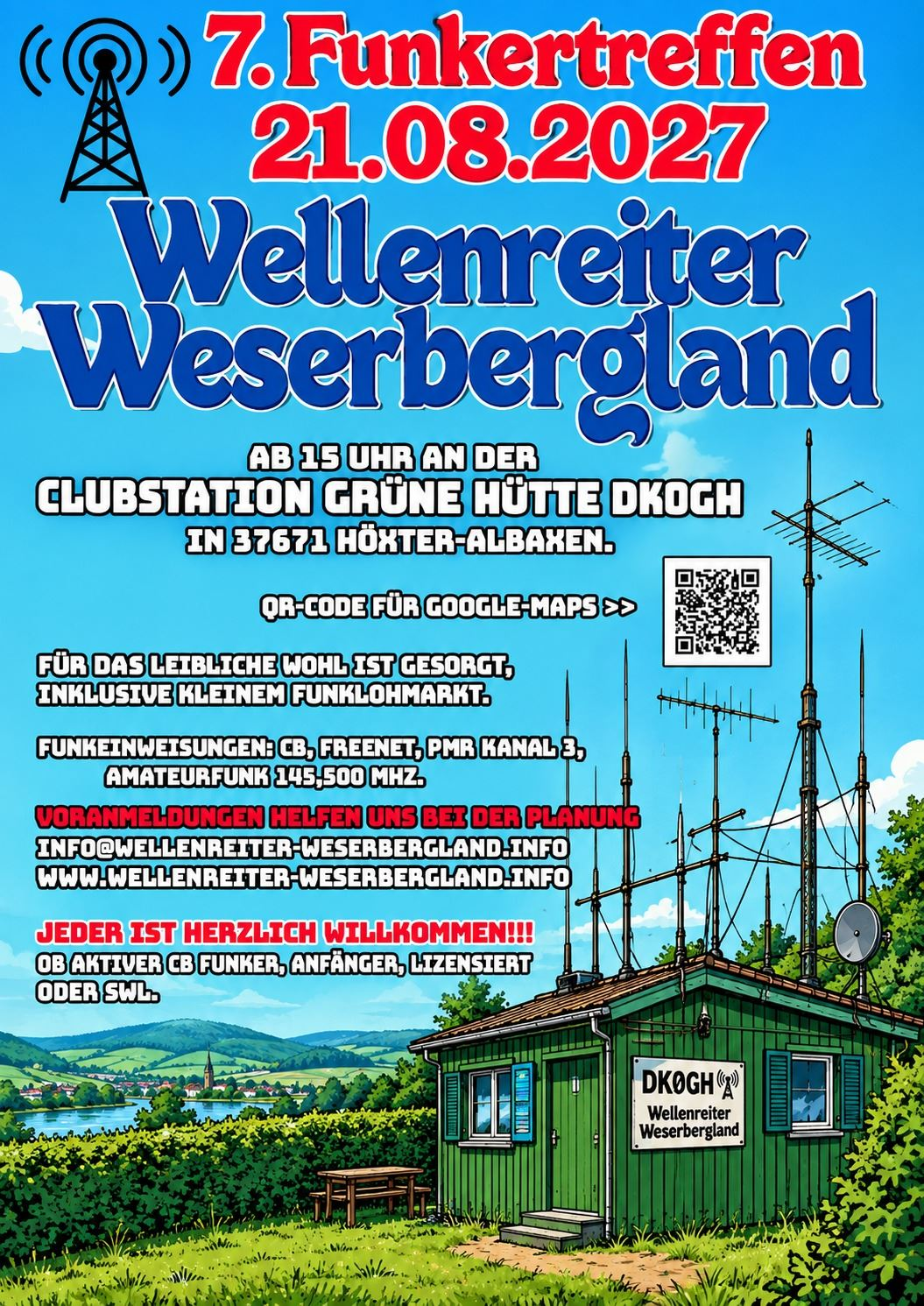 Plakat zum 7. Funkertreffen der Wellenreiter Weserbergland am 21. August 2027 bei DKØGH